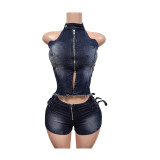 Cowboy backless sleeveless shorts set