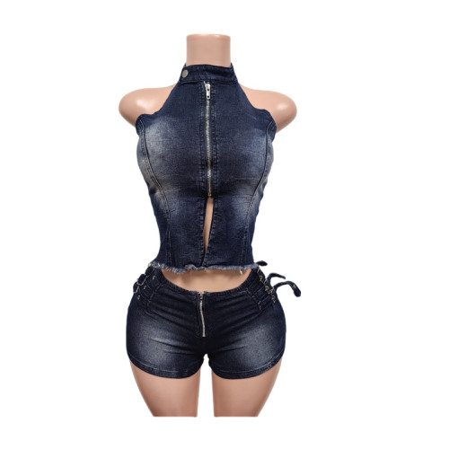 Cowboy backless sleeveless shorts set