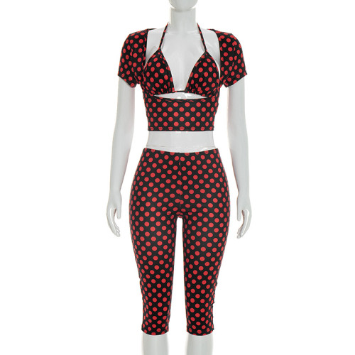 Hanging neck bikini top, polka dot top, pleated and hip hugging pants, three piece set J26ST079