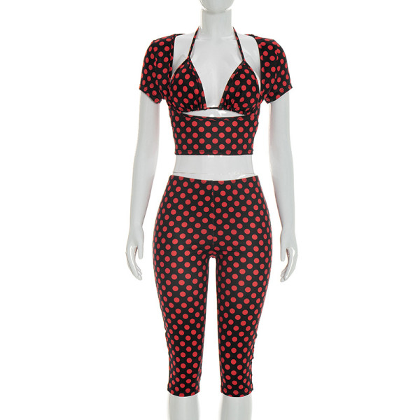 Hanging neck bikini top, polka dot top, pleated and hip hugging pants, three piece set J26ST079