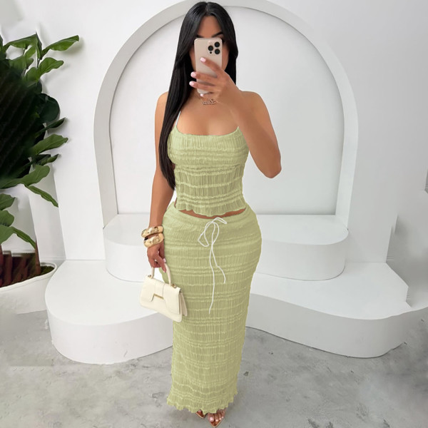 Backless chiffon high waisted long skirt two-piece set