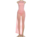 Round neck sleeveless jumpsuit, see through hip hugging split skirt set