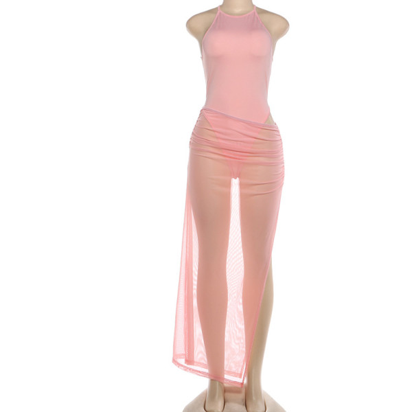 Round neck sleeveless jumpsuit, see through hip hugging split skirt set