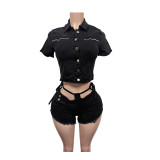 Short sleeved shorts high stretch denim suit