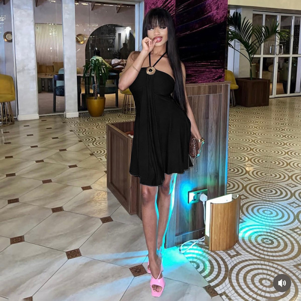 Strapless neck hanging ribbon dress