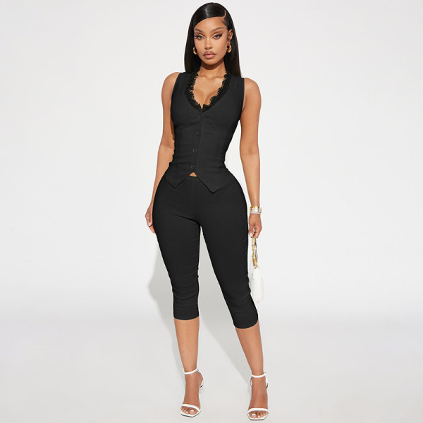 U-neck lace button front slit sleeveless seven piece jumpsuit