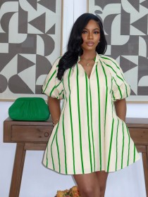 V-neck bubble sleeve striped loose short dress
