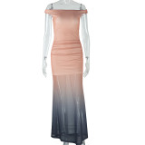 Gradient color blocked strapless one neck raglan long dress