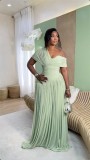 Slant collar pleated lace up waist cinching long short sleeved dress