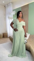 Slant collar pleated lace up waist cinching long short sleeved dress