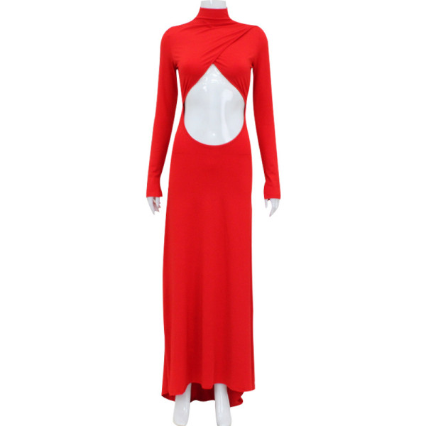 High neck long sleeved hollow out navel hugging dress skirt
