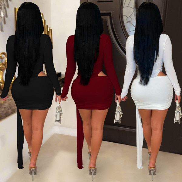 Deep V solid color ribbon dress short skirt