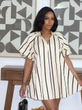 V-neck bubble sleeve striped loose short dress