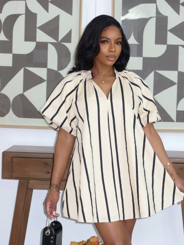 V-neck bubble sleeve striped loose short dress