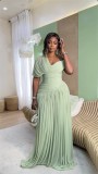 Slant collar pleated lace up waist cinching long short sleeved dress