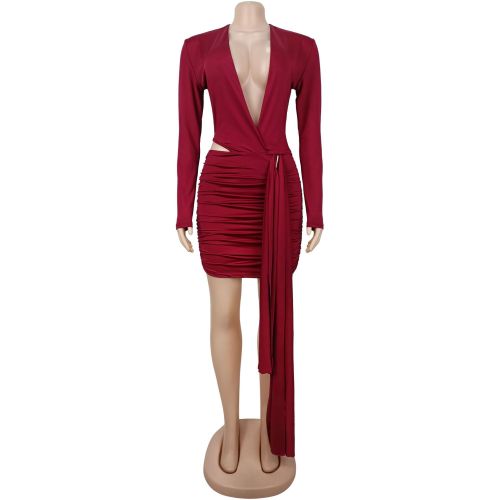 Deep V solid color ribbon dress short skirt