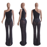 Sleeveless mesh white dot printed vest jumpsuit