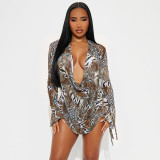 Halo leopard print swing collar long sleeved backless top with drawstring shorts two-piece set