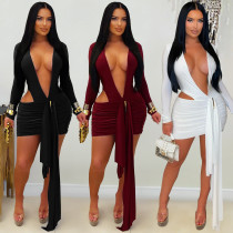 Deep V solid color ribbon dress short skirt