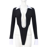 Shirt collar long sleeved crotch hollow high elasticity jumpsuit