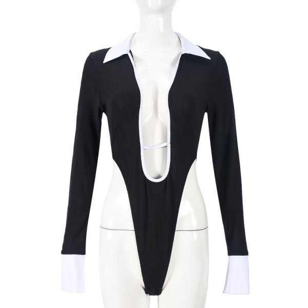 Shirt collar long sleeved crotch hollow high elasticity jumpsuit