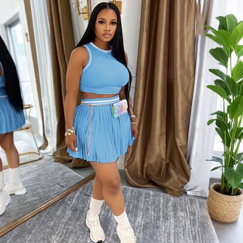 Sleeveless short vest pleated skirt set