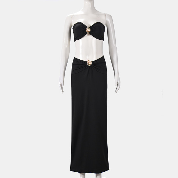 Hollow metal decoration, exposed navel, chest wrapped, backless long skirt two-piece set