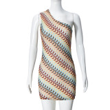 Color woven diagonal collar elastic dress