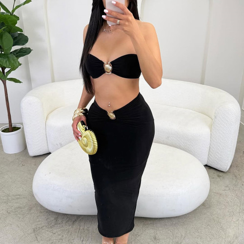 Hollow metal decoration, exposed navel, chest wrapped, backless long skirt two-piece set