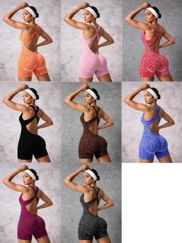 Seamless leopard print cross strap one-piece shorts yoga suit