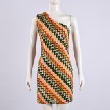 Color woven diagonal collar elastic dress
