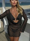 Swinging collar sequin long sleeved mesh three piece swimsuit