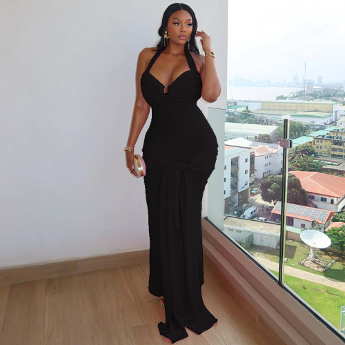 Cross tied backless pleated neck hanging dress