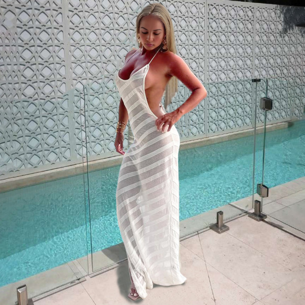 Side slit large backless transparent hip hugging dress