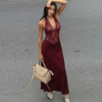 Lace neck hanging V-neck dress