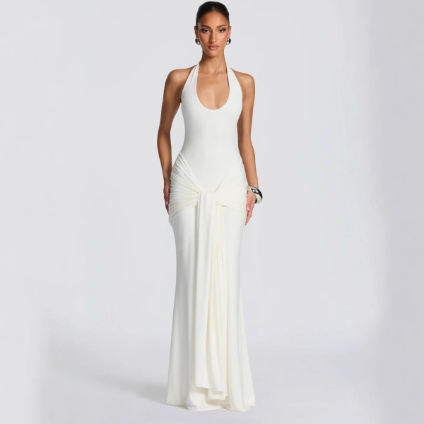 Banded patchwork camisole long dress, hip hugging and neck hanging formal dress