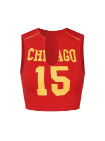 Hollow out digital printed U-shaped collar sleeveless sports vest