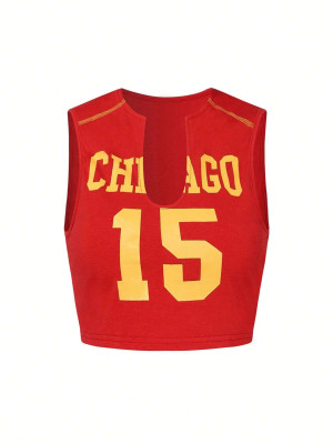 Hollow out digital printed U-shaped collar sleeveless sports vest