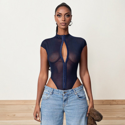 Metal buckle see through mesh jumpsuit