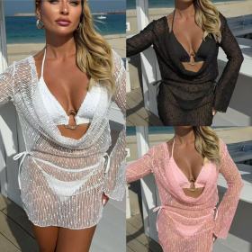 Swinging collar sequin long sleeved mesh three piece swimsuit