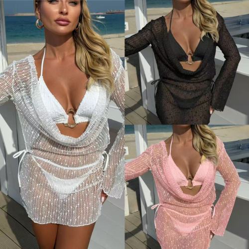 Swinging collar sequin long sleeved mesh three piece swimsuit