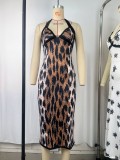 Leopard print sleeveless halter neck slit dress