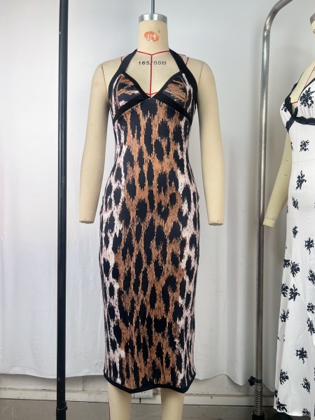 Leopard print sleeveless halter neck slit dress