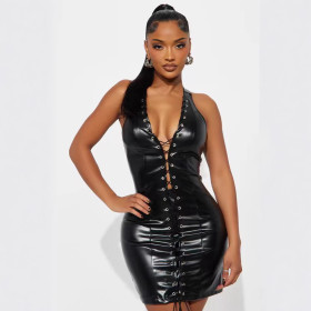 Hanging neck strap PU leather skirt