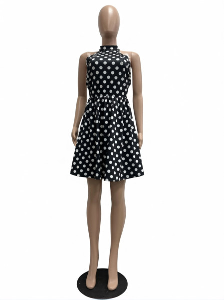 Hanging neck strap backless polka dot printed large skirt dress