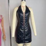 Hanging neck strap PU leather skirt