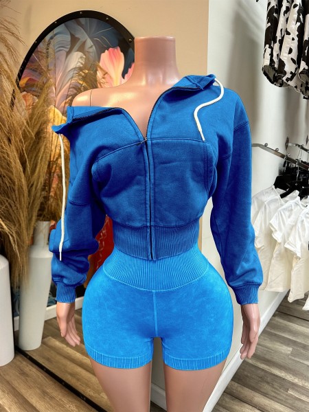 Washed Zipper Hooded Velvet Top Shorts Sport Two Piece Set