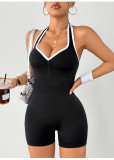 Hanging neck and beautiful back one-piece yoga suit with peach collar and one-piece shorts