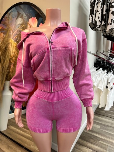 Washed Zipper Hooded Velvet Top Shorts Sport Two Piece Set