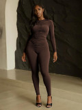 Two piece set of pleated round neck long sleeved top
